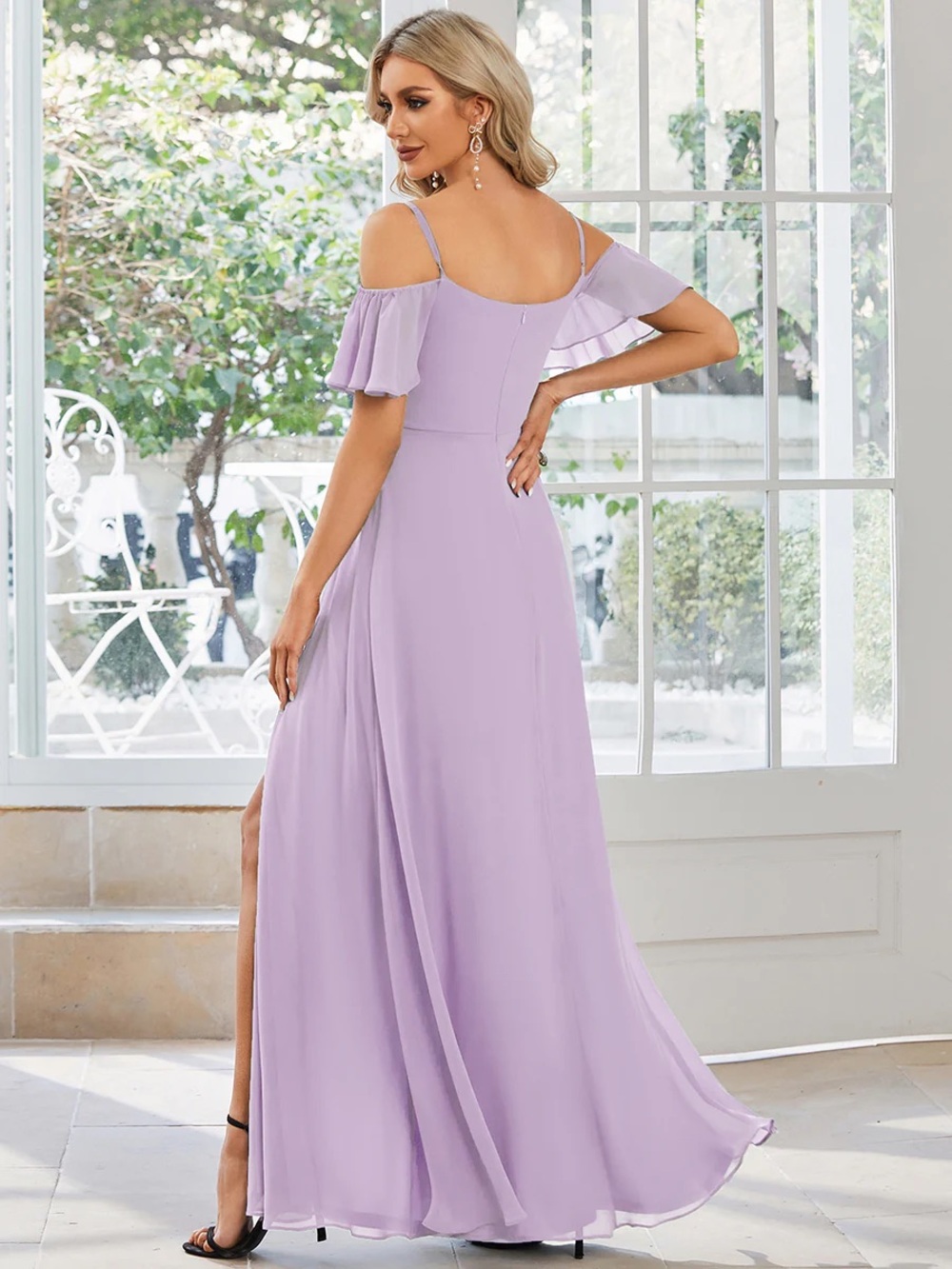 🆕 Stylish Cold Shoulder Flare Sleeves Flowy Bridesmaid Dress - Picture 2 of 3